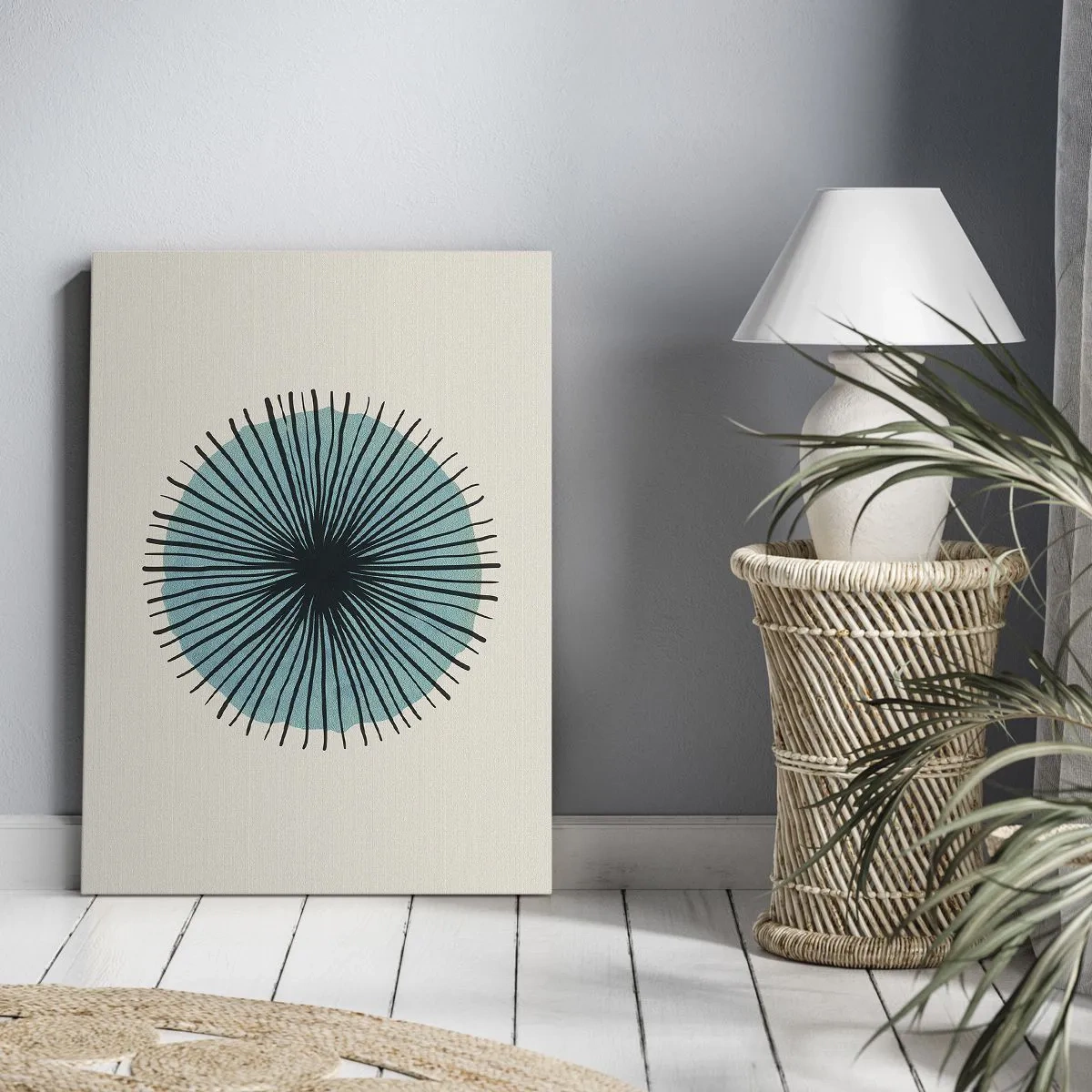 Obraz na płótnie - Abstrakcyjna forma w kształcie koła z promieniami w błękitach - 70x100cm - Promieniście na błękicie - Nowoczesna dekoracja ścienna do salonu i sypialni ARTTOR