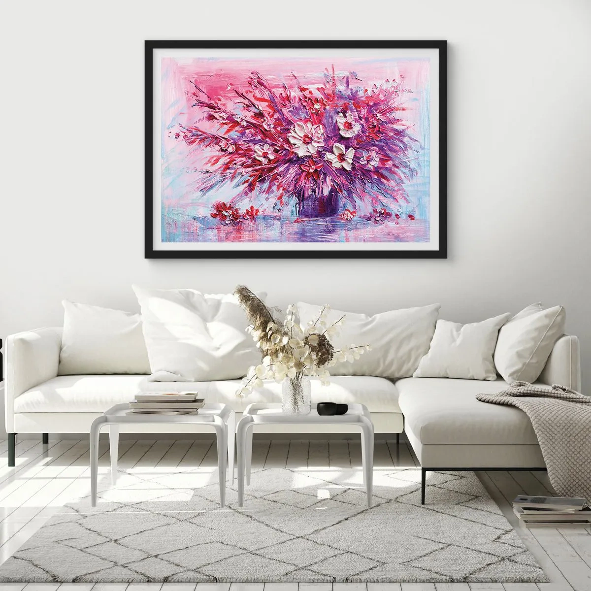 Plakat w czarnej ramie - Kolorowy bukiet kwiatów w różowych i fioletowych tonacjach - 70x50cm - Niewinność i namiętność  - Nowoczesna dekoracja ścienna do salonu i sypialni ARTTOR