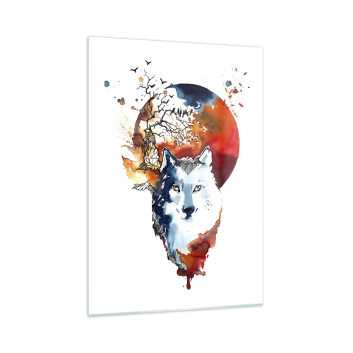 Obraz na szkle - Ilustracja przedstawiająca wilka z pełnią księżyca w tle - 50x70cm - Nos w nos z nocą - Nowoczesna dekoracja ścienna do salonu, kuchni i sypialni ARTTOR