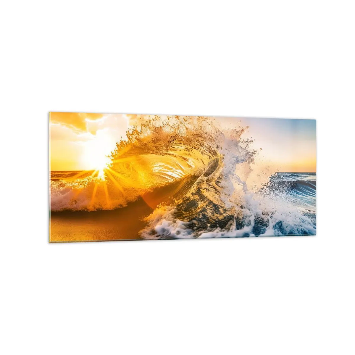 Obraz na szkle - Złota fala na tle zachodzącego słońca - 120x50cm - Zabawa na piasku - Nowoczesna dekoracja ścienna do salonu i sypialni ARTTOR