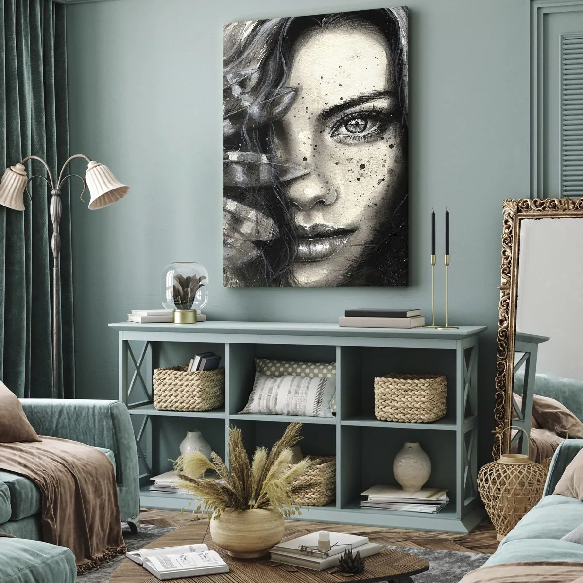 Obraz na płótnie - Portret kobiety w monochromatycznym, artystycznym stylu - 50x70cm - Dzika piękność - Nowoczesna dekoracja ścienna do salonu, kuchni i sypialni ARTTOR