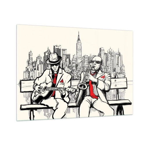 Obraz na szkle - Dwóch muzyków jazzowych grających na tle panoramy miasta - 100x70cm - Nowojorska improwizacja - Nowoczesna dekoracja ścienna do salonu, kuchni i sypialni ARTTOR