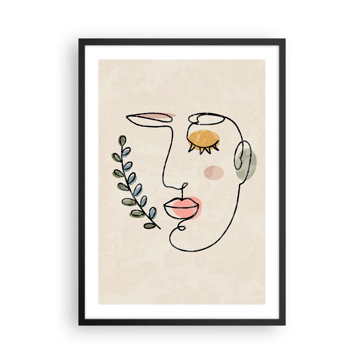 Plakat w czarnej ramie - Minimalistyczna linia portretu kobiety na beżowym tle - 50x70cm - Spokój odnaleziony - Nowoczesna dekoracja ścienna do salonu i sypialni ARTTOR