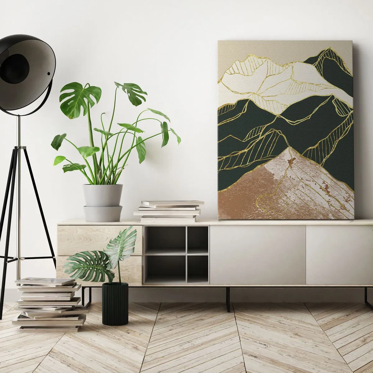 Obraz na płótnie - Abstrakcyjne góry w odcieniach zieleni i beżu ze złotymi liniami - 80x120cm - Złote szczyty - Nowoczesna dekoracja ścienna do salonu i sypialni ARTTOR