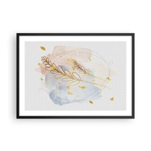 Plakat w czarnej ramie - Delikatny motyw liści w złotym kolorze na pastelowym tle z akwarelowymi detalami - 70x50cm - Złoty podmuch - Nowoczesna dekoracja ścienna do salonu i sypialni ARTTOR