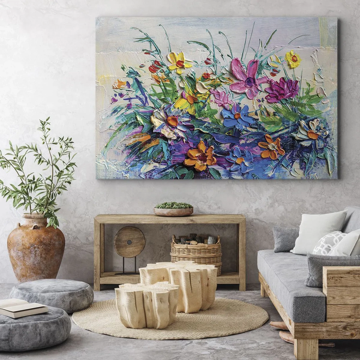 Obraz na płótnie - Kolorowy bukiet kwiatów namalowany techniką impasto - 70x50cm - Wcale nie-martwa natura - Nowoczesna dekoracja ścienna do salonu i sypialni ARTTOR