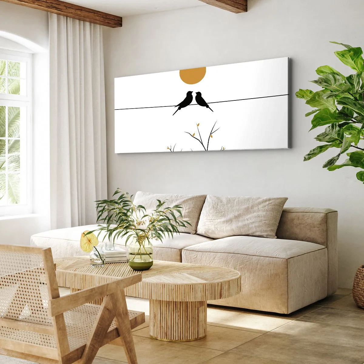 Obraz na płótnie - Ptaki na linii z żółtym słońcem - 160x50cm - Słowiczy wieczór - Nowoczesna dekoracja ścienna do salonu i sypialni ARTTOR