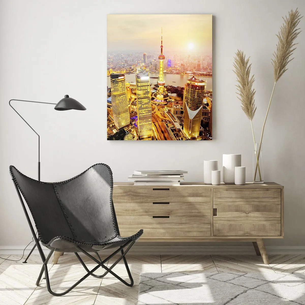 Obraz na szkle - Panorama miasta o zachodzie słońca z wieżowcami - 50x70cm - Azjatycki sen - Nowoczesna dekoracja ścienna do salonu, kuchni i sypialni ARTTOR