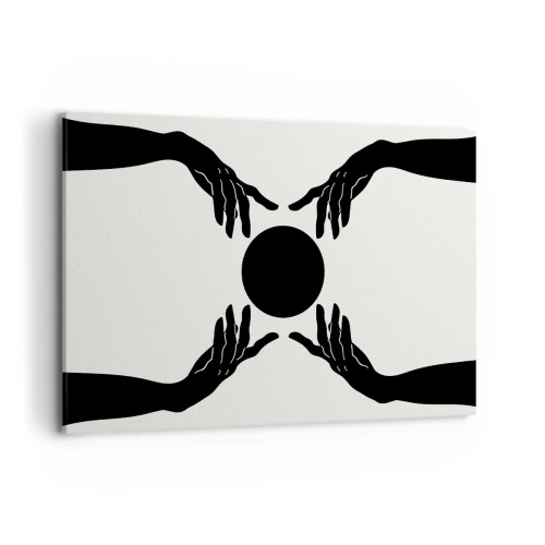 Obraz na płótnie - Czarne dłonie w symetrycznej kompozycji z kulą - 120x80cm - Tajemny znak - Nowoczesna dekoracja ścienna do salonu, kuchni i sypialni ARTTOR