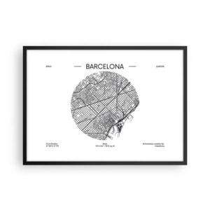 Plakat w czarnej ramie - Mapa Barcelony w minimalistycznym, czarno-białym stylu - 70x50cm - Anatomia Barcelony - Nowoczesna dekoracja ścienna do salonu i sypialni ARTTOR