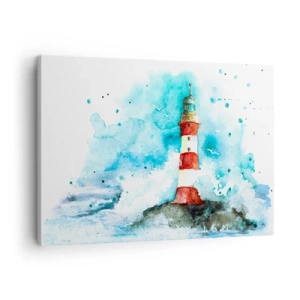 Obraz na płótnie - Latarnia morska w akwarelowej scenerii z błękitnym tłem - 70x50cm - Jedność żywiołów - Nowoczesna dekoracja ścienna do salonu i sypialni ARTTOR