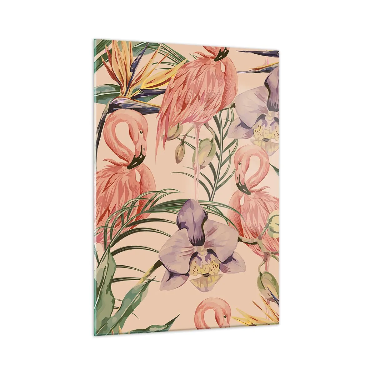 Obraz na szkle - Flamingi w otoczeniu tropikalnych kwiatów i roślin - 50x70cm - Różowy balet w kwiatach - Nowoczesna dekoracja ścienna do salonu, kuchni i sypialni ARTTOR