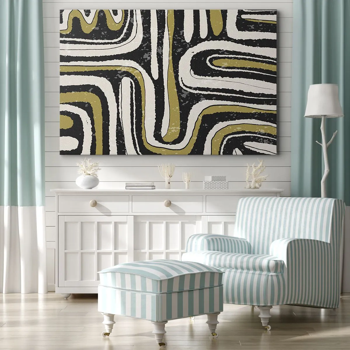 Obraz na płótnie - Abstrakcyjny wzór w czerni, bieli i złocie - 120x80cm - Kompozycja: trakty i zaułki - Nowoczesna dekoracja ścienna do salonu, kuchni i sypialni ARTTOR