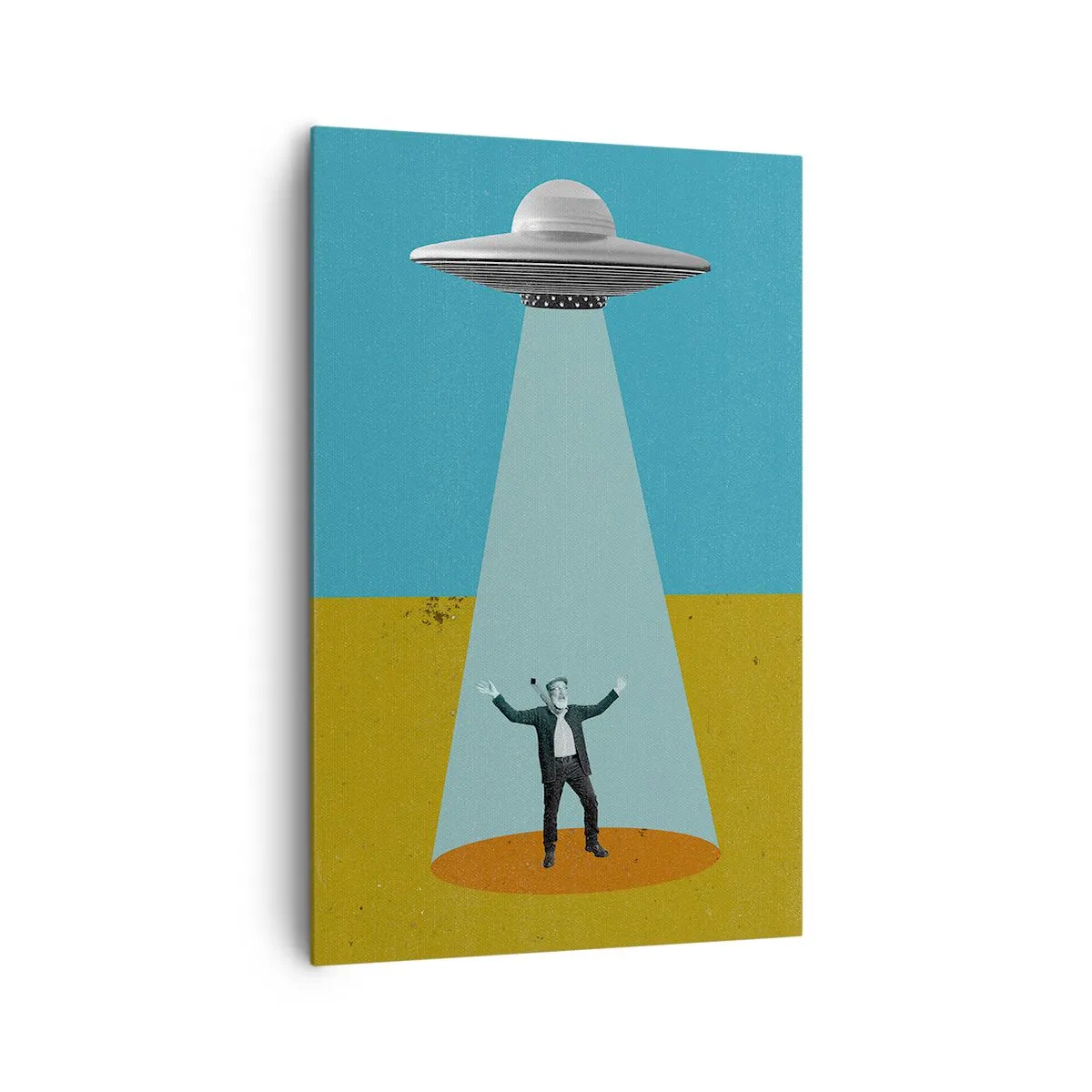 Obraz na płótnie - Człowiek w świetle UFO na tle kolorowego pejzażu - 80x120cm - Bliskie spotkanie - Nowoczesna dekoracja ścienna do salonu i sypialni ARTTOR