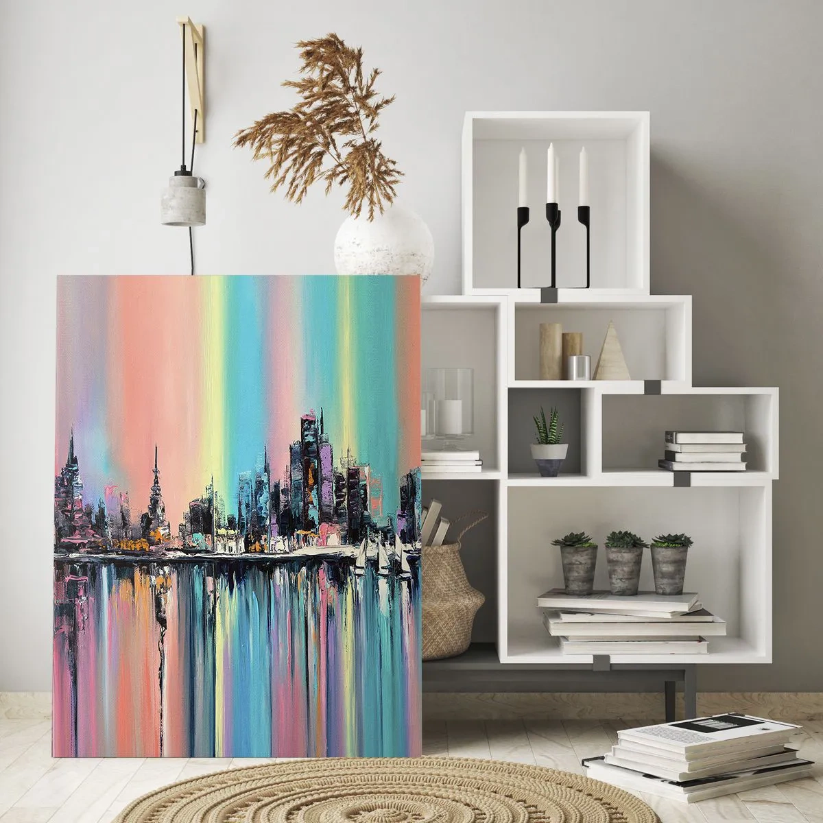 Obraz na szkle - Abstrakcyjna panorama miasta z wielobarwnym tłem - 50x70cm - Spłynąć światłem nocy - Nowoczesna dekoracja ścienna do salonu, kuchni i sypialni ARTTOR