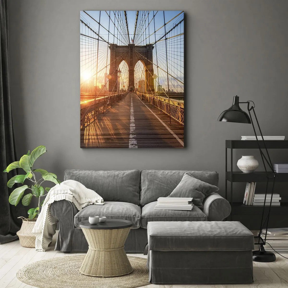 Obraz na płótnie - Most Brookliński o wschodzie słońca - 50x70cm - Na złotym moście - Nowoczesna dekoracja ścienna do salonu, kuchni i sypialni ARTTOR