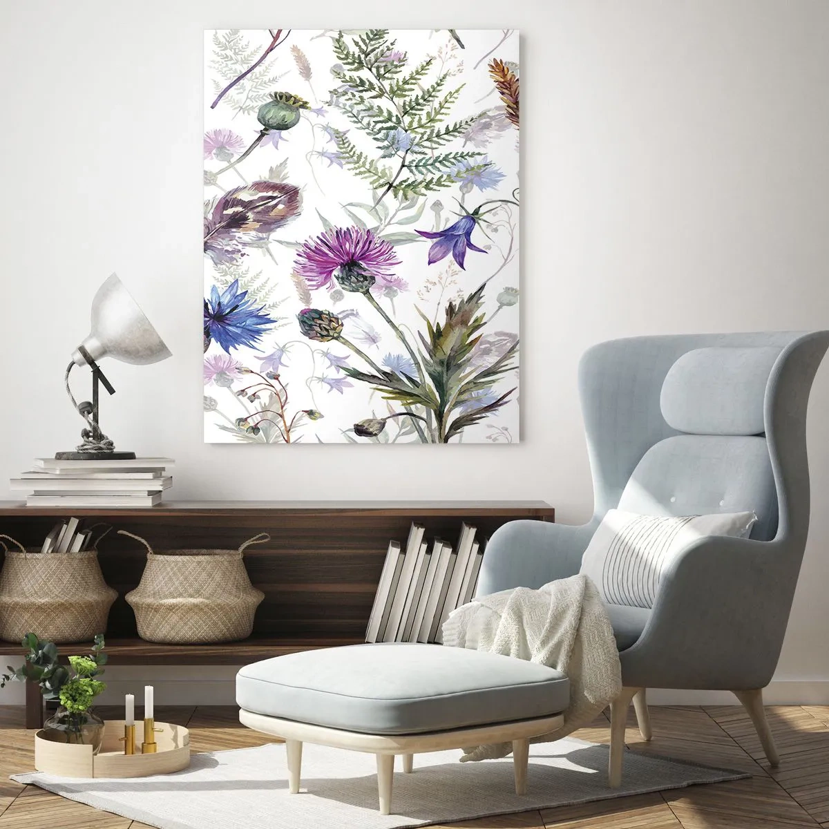 Obraz na szkle - Rysunki polnych kwiatów i liści na jasnym tle - 50x70cm - Polski zielnik - Nowoczesna dekoracja ścienna do salonu, kuchni i sypialni ARTTOR