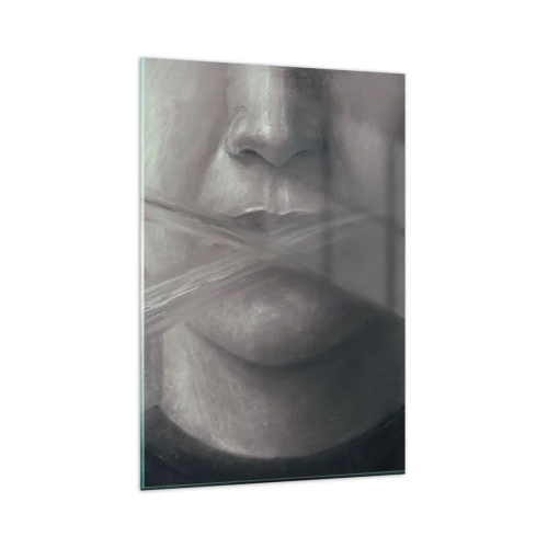 Obraz na szkle - Symboliczny portret z zamazanymi ustami w szarej tonacji - 80x120cm - Ani słowa - Nowoczesna dekoracja ścienna do salonu i sypialni ARTTOR
