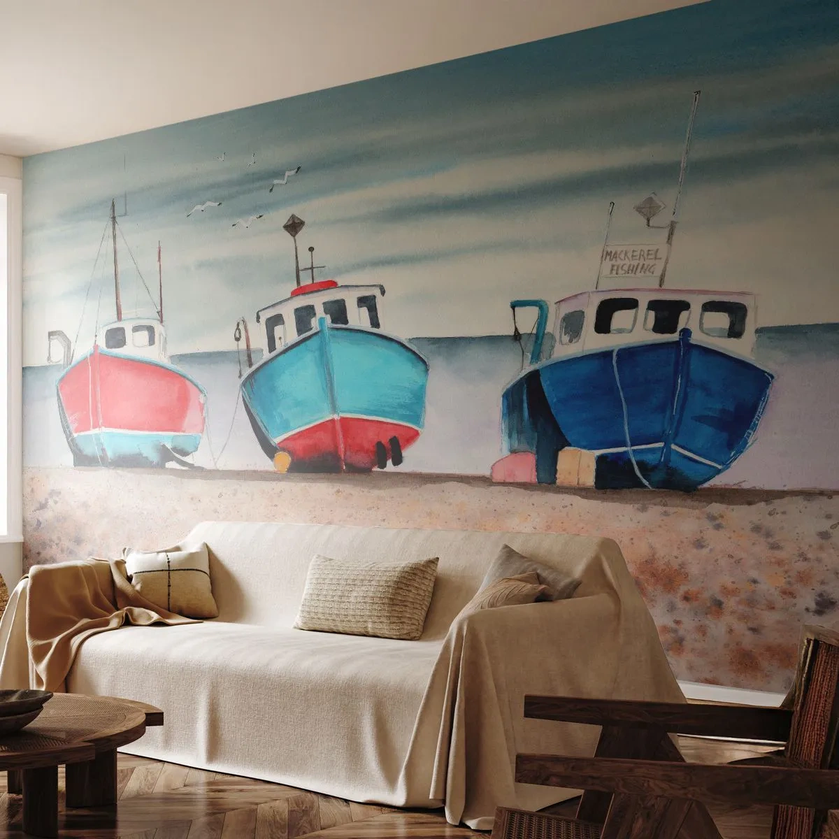 Fototapeta Premium Sand - Trzy kolorowe łodzie rybackie na plaży w malarskim stylu - 100x70cm - Gotowe na połów - Nowoczesna dekoracja ścienna do salonu, kuchni i sypialni ARTTOR