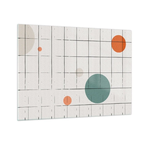 Obraz na szkle - Kolorowe koła na tle geometrycznej siatki z cienkich linii - 70x50cm - Uwięzione. My czy one? - Nowoczesna dekoracja ścienna do salonu i sypialni ARTTOR