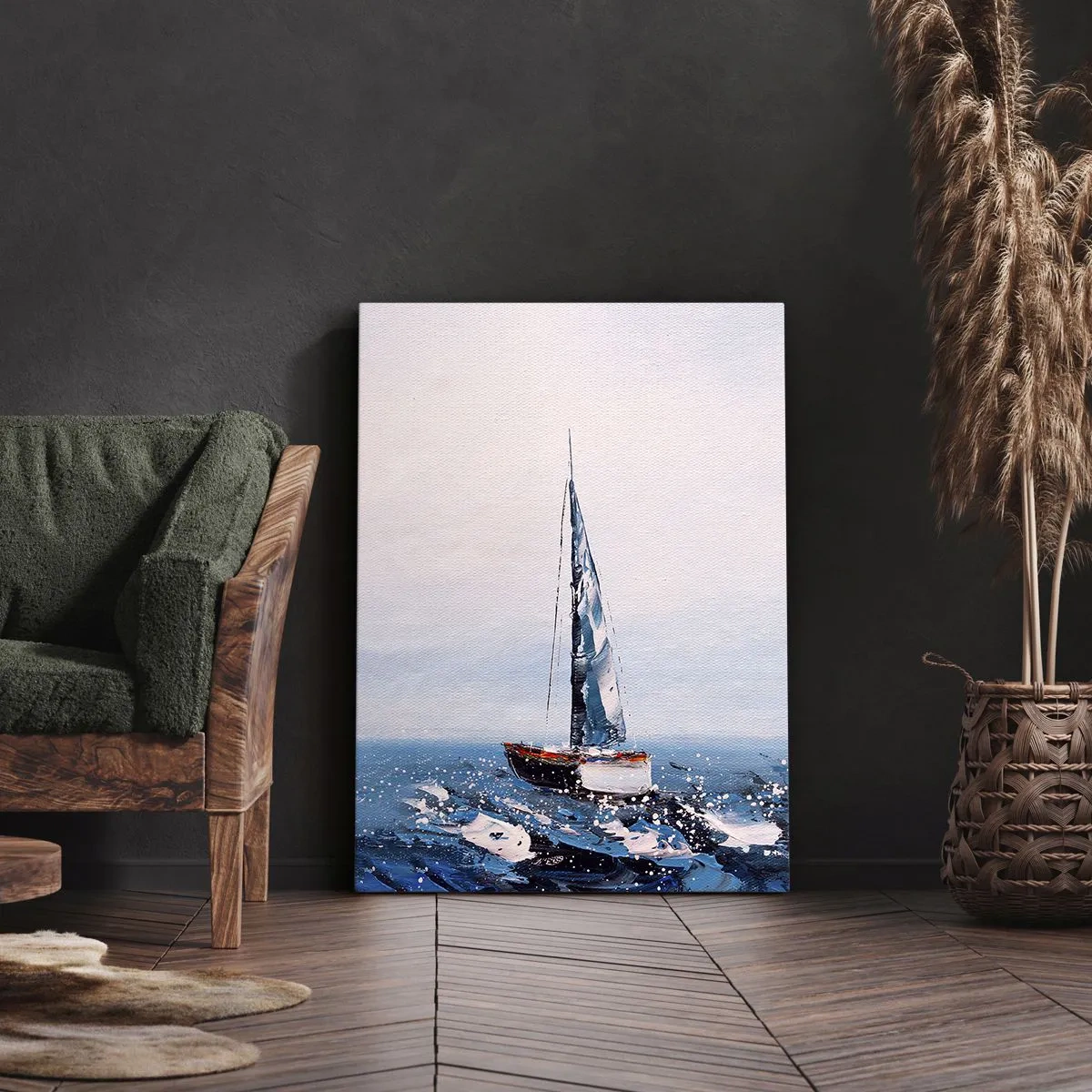 Obraz na płótnie - Malarska interpretacja żaglówki na wzburzonym morzu - 50x70cm - Braterstwo wiatru - Nowoczesna dekoracja ścienna do salonu, kuchni i sypialni ARTTOR