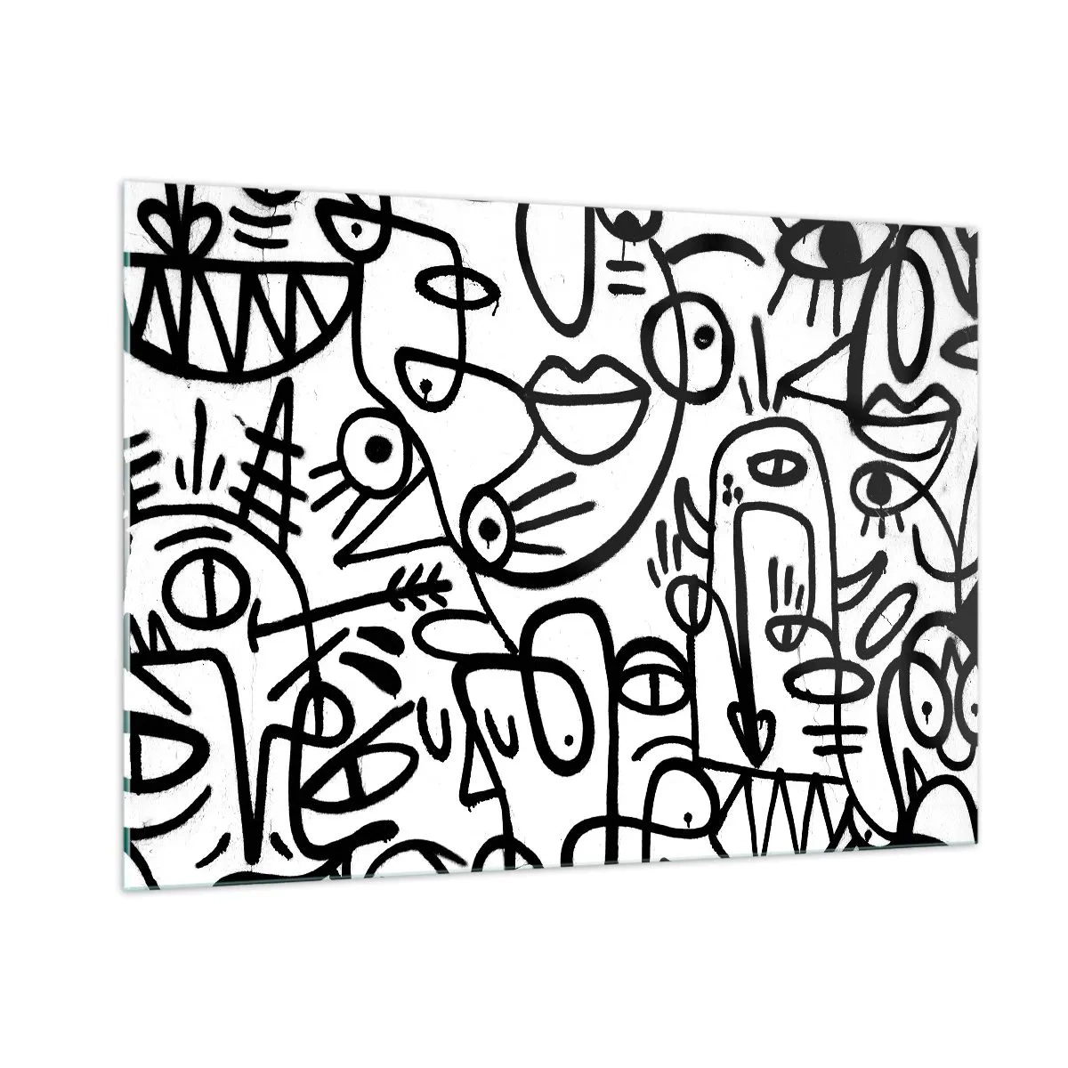 Obraz na szkle - Czarno-biała abstrakcja z oczami, twarzami i liniami - 100x70cm - Twarze i miraże - Nowoczesna dekoracja ścienna do salonu, kuchni i sypialni ARTTOR