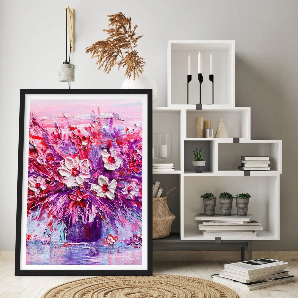 Plakat w czarnej ramie - Bukiet kwiatów w odcieniach różu, fioletu i bieli - 50x70cm - Niewinność i namiętność  - Nowoczesna dekoracja ścienna do salonu i sypialni ARTTOR