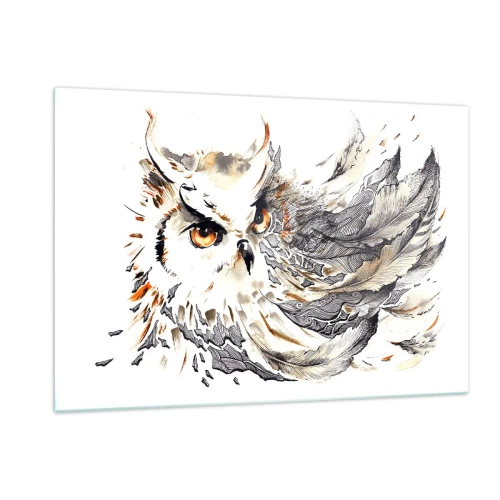 Obraz na szkle - Sowa z artystycznymi piórami w odcieniach pomarańczu i szarości - 120x80cm - Przybyła ze świata magii - Nowoczesna dekoracja ścienna do salonu, kuchni i sypialni ARTTOR