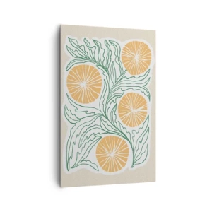 Obraz na płótnie - Minimalistyczny motyw pomarańczy z zielonymi liśćmi - 80x120cm - Etnicznie z nutą abstrakcji - Nowoczesna dekoracja ścienna do salonu i sypialni ARTTOR