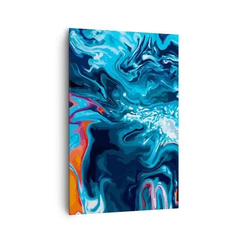 Obraz na płótnie - Abstrakcyjny wzór w odcieniach niebieskiego z akcentami pomarańczu - 80x120cm - Podróż do wnętrza nieba - Nowoczesna dekoracja ścienna do salonu i sypialni ARTTOR