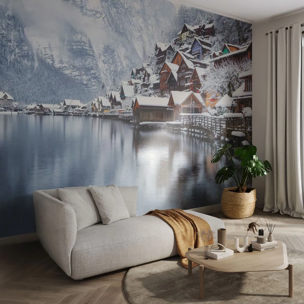 Fototapeta Premium Sand - Zimowy widok górskiej wioski nad jeziorem z odbiciem w wodzie - 100x70cm - W zimowej dekoracji - Nowoczesna dekoracja ścienna do salonu, kuchni i sypialni ARTTOR