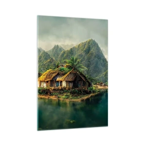 Obraz na szkle - Tropikalna wyspa z palmami i górami w tle - 70x100cm - Tropikalny raj - Nowoczesna dekoracja ścienna do salonu i sypialni ARTTOR