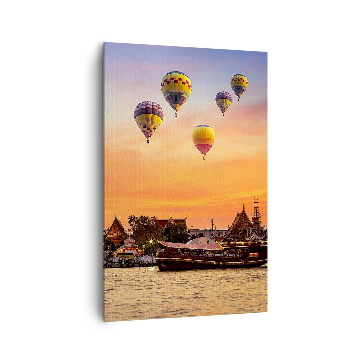Obraz na płótnie - Świątynia i balony na tle zachodzącego słońca nad rzeką - 80x120cm - Tutaj rodzą się baśnie - Nowoczesna dekoracja ścienna do salonu i sypialni ARTTOR