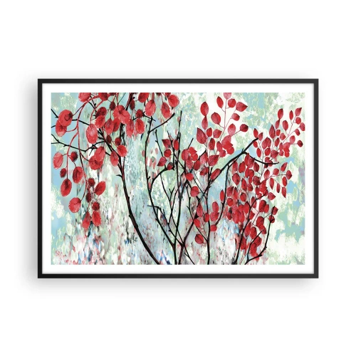 Plakat w czarnej ramie - Czerwone liście na tle jasnego nieba z abstrakcyjnymi wzorami - 100x70cm - Drzewo w szkarłacie - Nowoczesna dekoracja ścienna do salonu i sypialni ARTTOR