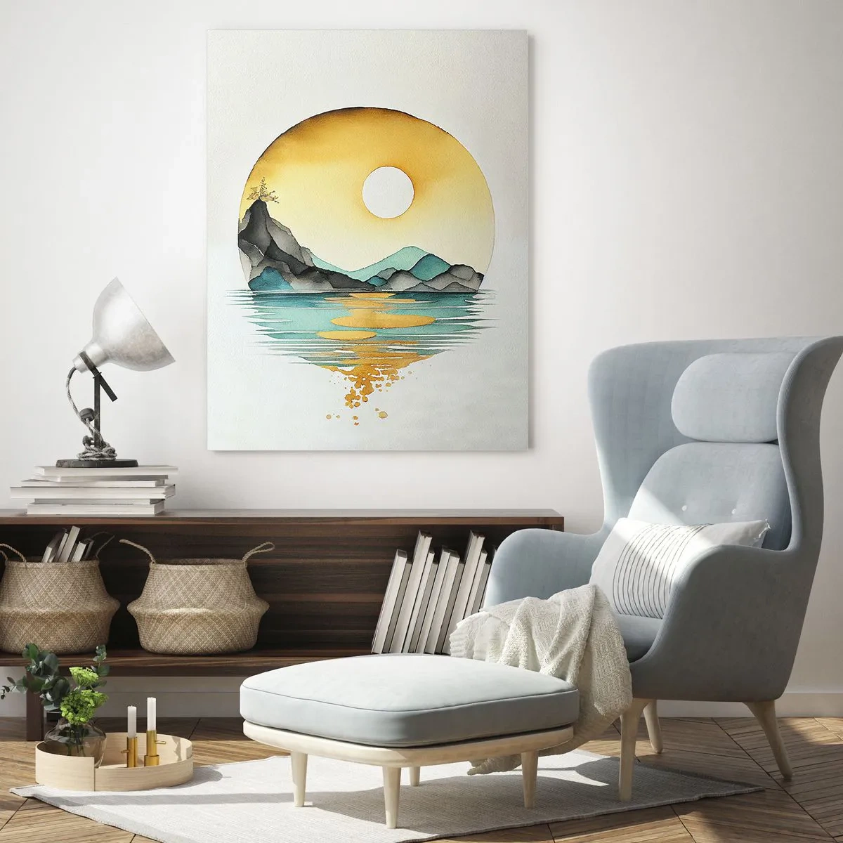 Obraz na szkle - Akwarelowy pejzaż gór i jeziora w złotej poświacie zachodzącego słońca - 70x100cm - W kręgu piękna - Nowoczesna dekoracja ścienna do salonu i sypialni ARTTOR