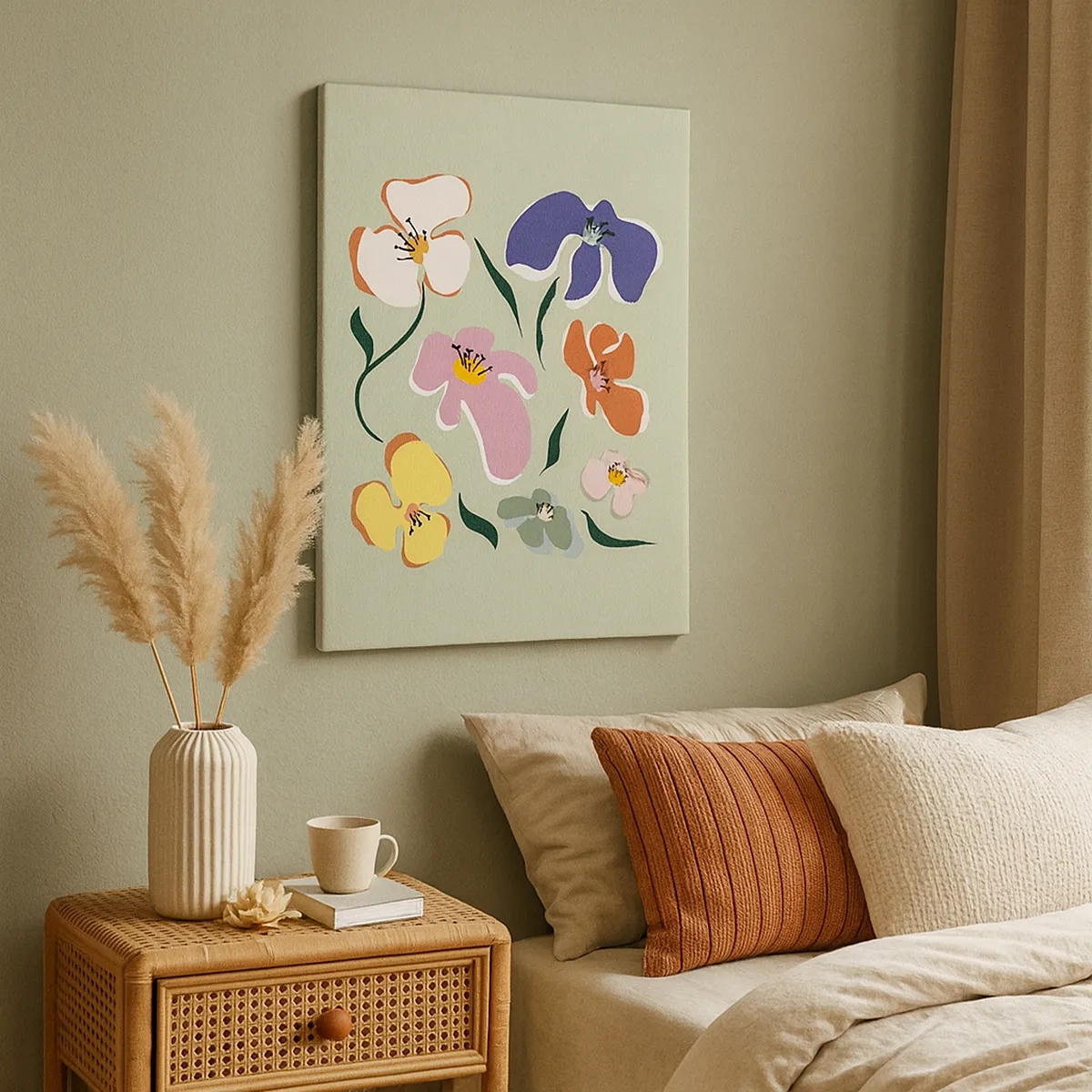 Obraz na płótnie - Kolorowe kwiaty na zielonym tle w stylu nowoczesnym - 50x70cm - Bratki za pan brat - Nowoczesna dekoracja ścienna do salonu, kuchni i sypialni ARTTOR