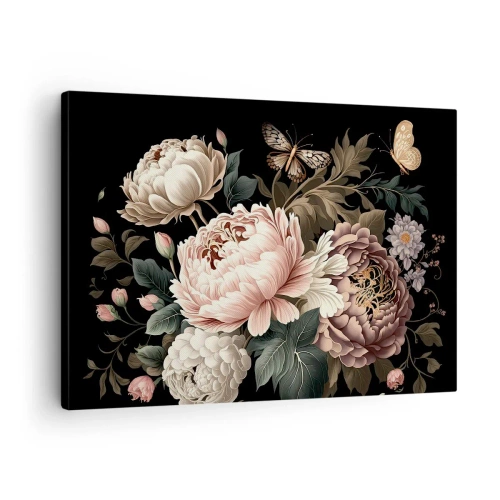 Obraz na płótnie - Bukiet różowych kwiatów i motyli na czarnym tle - 70x50cm - W barokowym stylu - Nowoczesna dekoracja ścienna do salonu i sypialni ARTTOR