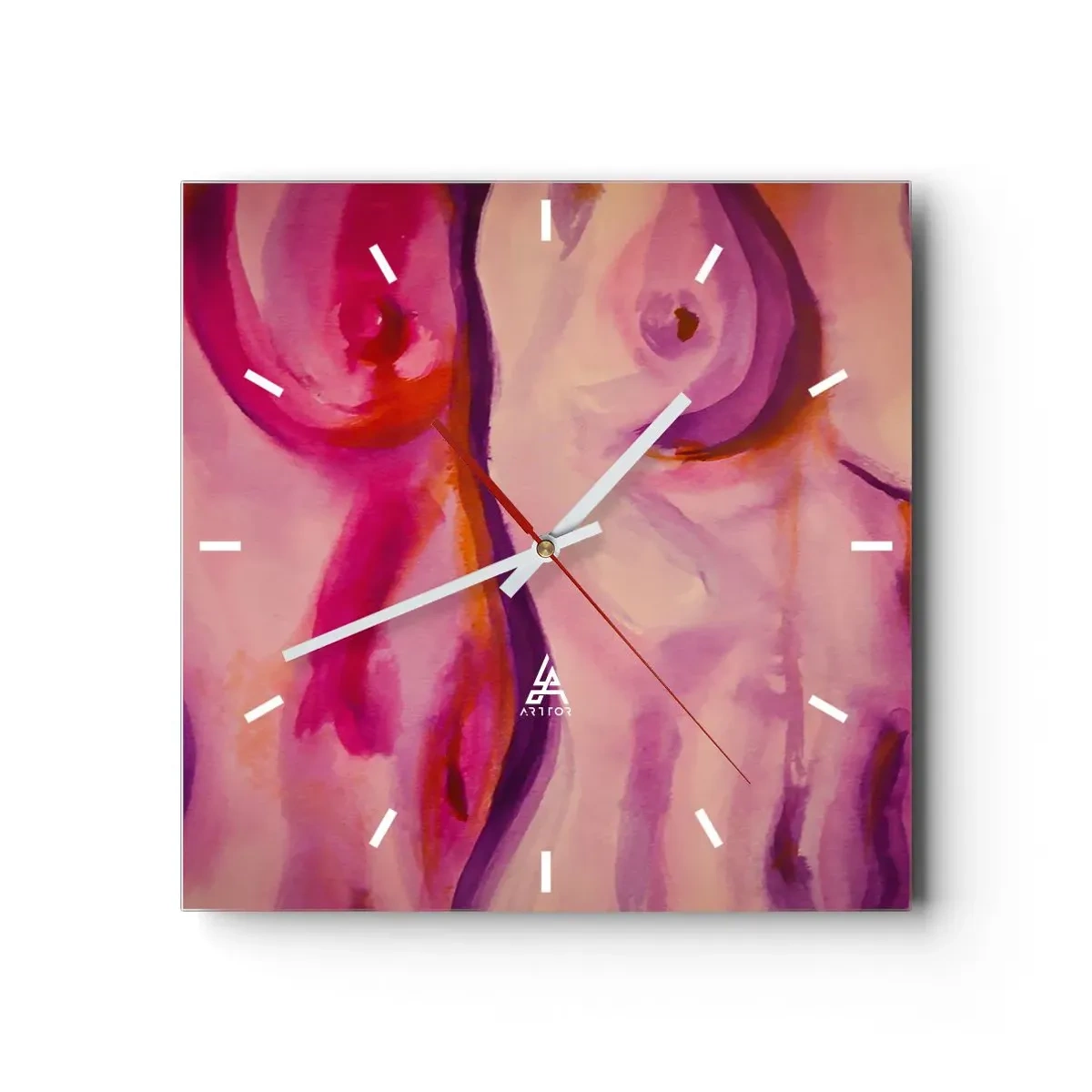 Zegar ścienny - Abstrakcyjna interpretacja kobiecej sylwetki w różach i fioletach - 30x30cm - Oda do kobiecości - Nowoczesna dekoracja ścienna do salonu i sypialni ARTTOR