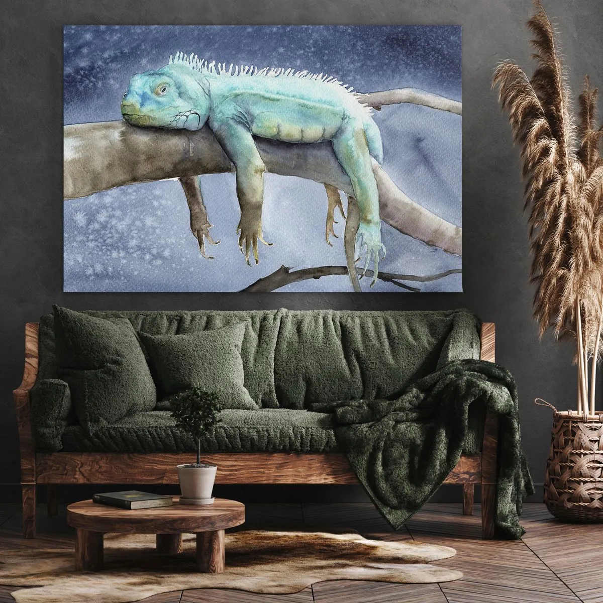 Obraz na płótnie - Błękitna iguana odpoczywająca na gałęzi - 70x50cm - Jest dobrze! - Nowoczesna dekoracja ścienna do salonu i sypialni ARTTOR