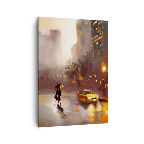 Obraz na płótnie - Para pod parasolem na deszczowej ulicy Nowego Jorku obok żółtej taksówki - 50x70cm - W światłach Nowego Jorku - Nowoczesna dekoracja ścienna do salonu, kuchni i sypialni ARTTOR