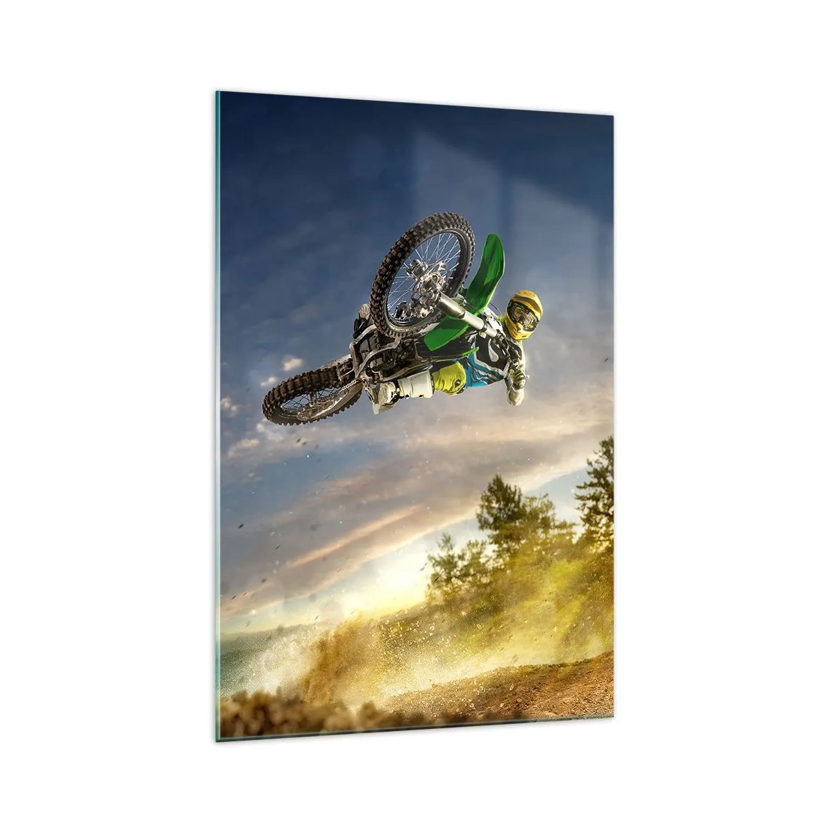 Obraz na szkle - Motocyklista w dynamicznym skoku - 70x100cm - Włącz emocje! - Nowoczesna dekoracja ścienna do salonu i sypialni ARTTOR