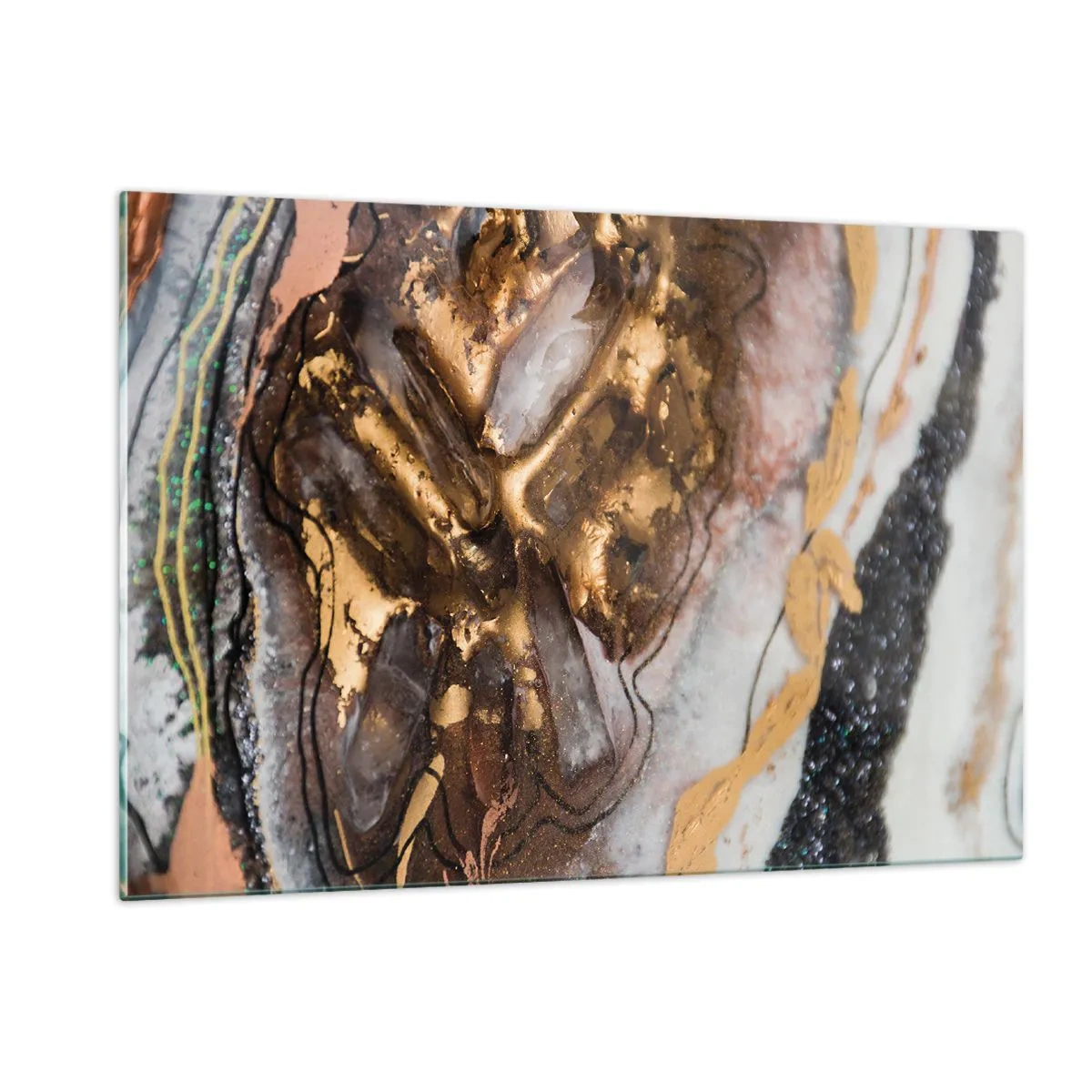 Obraz na szkle - Abstrakcyjny obraz w odcieniach złota, brązu i bieli, z teksturą przypominającą minerały - 120x80cm - Żywioł ziemi - Nowoczesna dekoracja ścienna do salonu, kuchni i sypialni ARTTOR