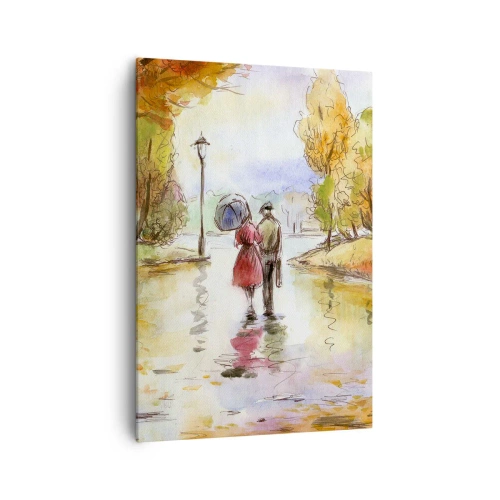 Obraz na płótnie - Spacer w jesiennym parku z parasolem - 70x100cm - Romantyczna jesień w parku - Nowoczesna dekoracja ścienna do salonu i sypialni ARTTOR