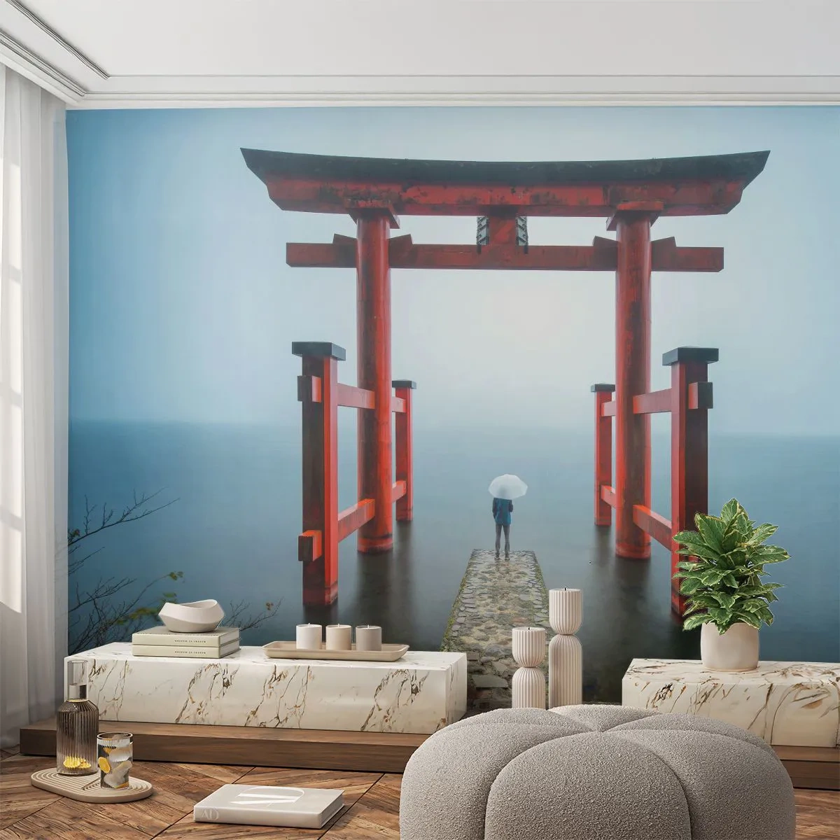 Fototapeta Premium Sand - Czerwone japońskie torii na wodzie - 100x70cm - Japońska zaduma - Nowoczesna dekoracja ścienna do salonu, kuchni i sypialni ARTTOR