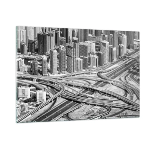Obraz na szkle - Czarno-biała panorama miasta z węzłem autostradowym - 120x80cm - Dubaj – miasto niemożliwe - Nowoczesna dekoracja ścienna do salonu, kuchni i sypialni ARTTOR