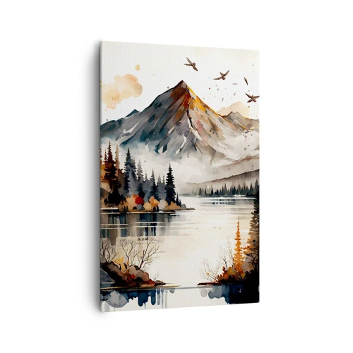 Obraz na płótnie - Jesienny krajobraz górski z jeziorem i drzewami akwarelą - 80x120cm - Złota jesień w górach - Nowoczesna dekoracja ścienna do salonu i sypialni ARTTOR