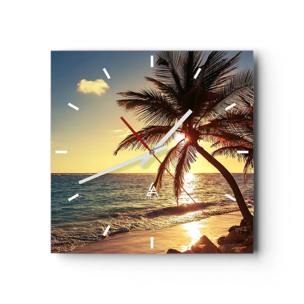 Zegar ścienny - Tropikalny zachód słońca nad plażą z palmami - 30x30cm - Lato pod palmami - Nowoczesna dekoracja ścienna do salonu i sypialni ARTTOR