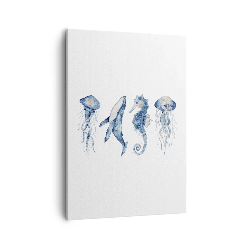 Obraz na płótnie - Meduzy, konik morski i rekin w akwarelowym stylu - 50x70cm - Morskie dziwy - Nowoczesna dekoracja ścienna do salonu, kuchni i sypialni ARTTOR