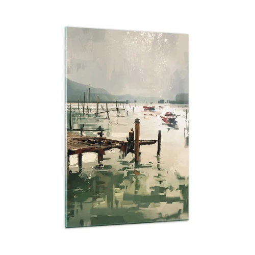 Obraz na szkle - Malowniczy port z łodziami na spokojnej wodzie - 80x120cm - Oblane roztopionym księżycem - Nowoczesna dekoracja ścienna do salonu i sypialni ARTTOR