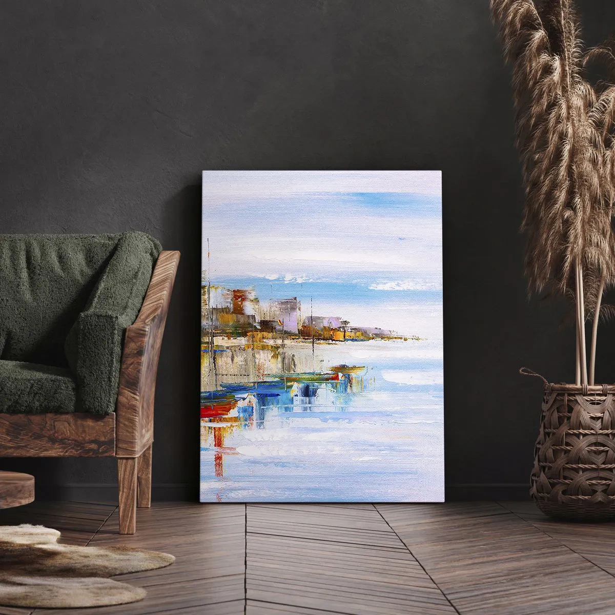 Obraz na płótnie - Abstrakcyjne przedstawienie miasta odbijającego się w wodzie - 50x70cm - Wielobarwna miejska przystań - Nowoczesna dekoracja ścienna do salonu, kuchni i sypialni ARTTOR